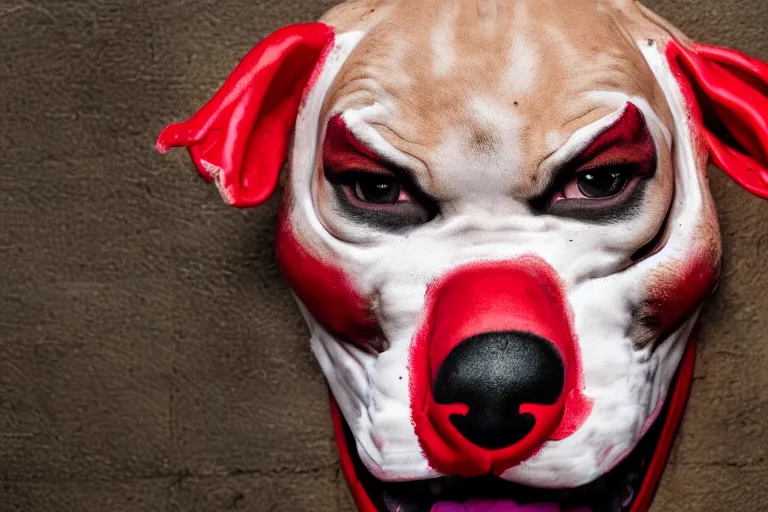 Prompt: a snarling pit bull wearing a clown mask and a red rubber nose, 4 k, hdr color