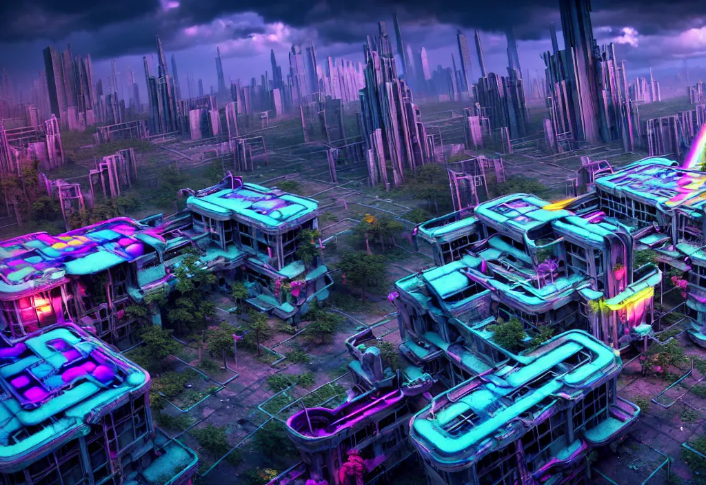 Image similar to A highly detailed crisp unreal engine render of aerial drone photo of A beautiful futuristic cyberpunk abandoned city building with neon, plants, perfect well made rainbow on the sky, sunlight breaking through clouds, debris on the ground, abandoned machines bright warm colors by wangchen-cg, 王琛,Neil blevins, artstation, Isometric japanese city, volumetrics, 3d render, octane render, Gediminas Pranckevicius