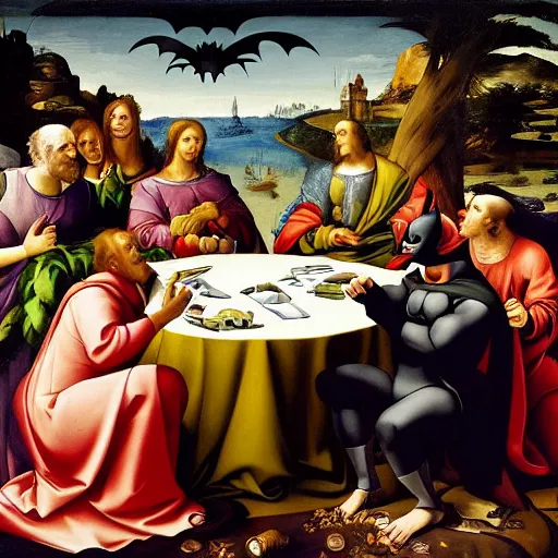 Prompt: renaissance painting of a person having a discussion with batman from the cartoon in the middle of a round table, one white orchid in the middle of the table, golden ratio, rule of third