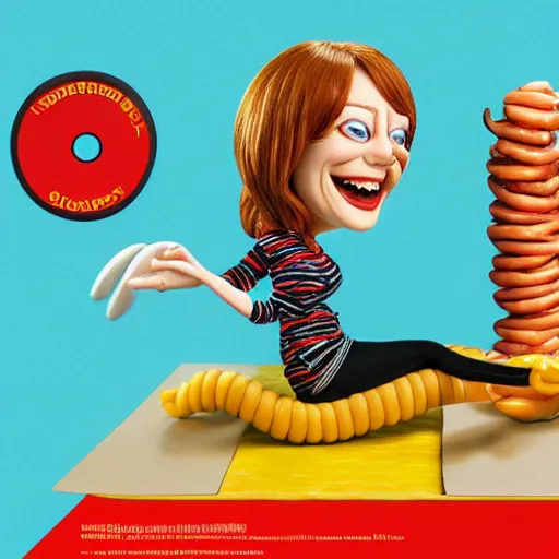 Image similar to hyperrealistic emma stone caricature surrounded by big fat frankfurter sausages by bob byerley and aardman animation, mascot, target reticles