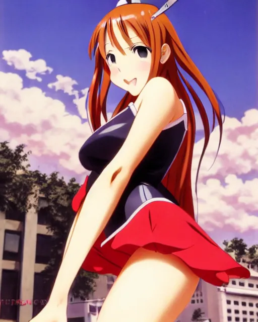 Image similar to pinup photo of asuna from sao in the center of the city, asuna by a - 1 pictures, by gil elvgren, glossy skin, pearlescent, anime, very coherent, maxim magazine