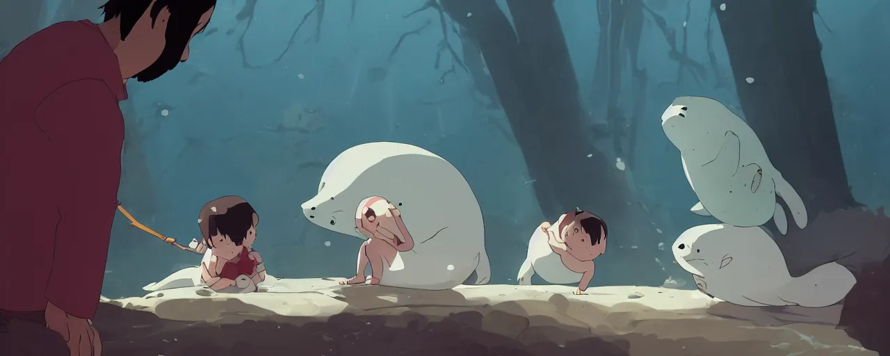 Image similar to piranhas devouring a baby harp seal, blood in the water, atey ghailan, goro fujita, studio ghibli, rim light, dark lighting, clear focus, very coherent