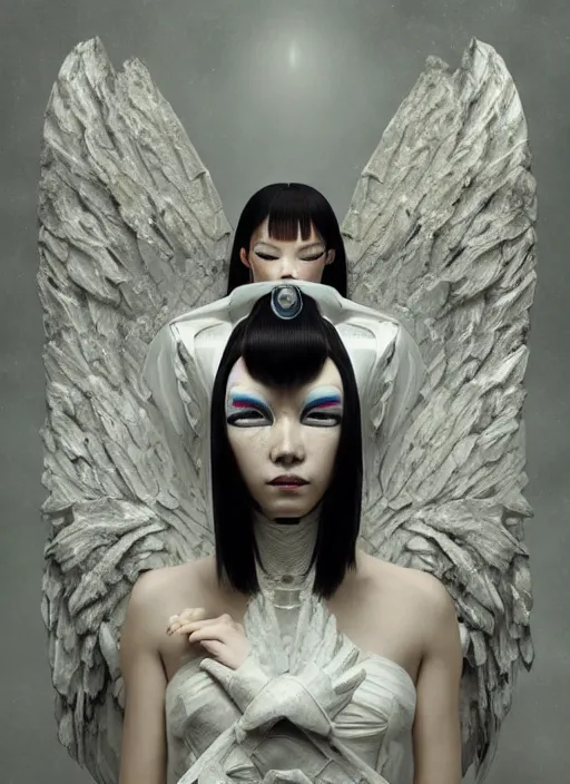 Prompt: portrait of a futuristic geisha cyborg with large white angel wings, in the style of ghost in the shell, kintsugi, modern fine art, fractal, intricate, elegant, highly detailed, digital photography, subsurface scattering, by jheronimus bosch and greg rutkowski,