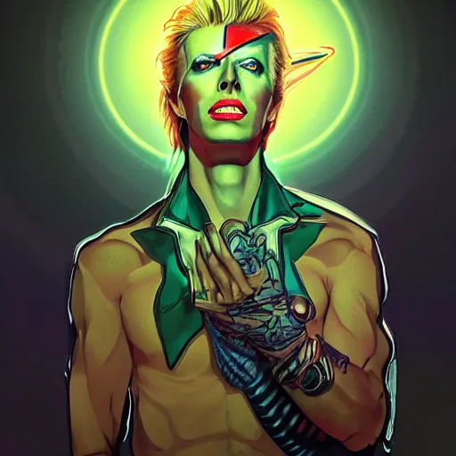 Prompt: handsome portrait of a david bowie posing, radiant light, caustics, war hero, style of vento aureo cover art, style of stone ocean cover art, style of steel ball run cover art, ilya kuvishinov style, illustrated by hirohhiko araki