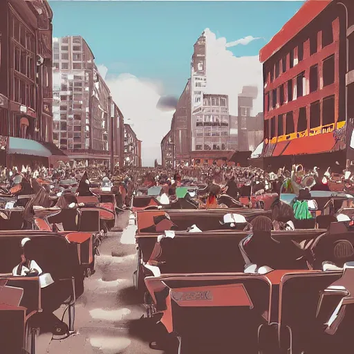 Image similar to people sitting in rows of desks in the middle of a city street, first person view from back row, dream - like atmosphere, high quality digital art