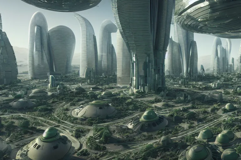 Prompt: hyper detailed wide shot of futuristic city on mars with tall green houses made of clear glass with visible forests inside and small spacecraft flying around and between the tall buildings, red dusty soil, ray traced reflections, unreal engine 5, in the style of the expanse tv show