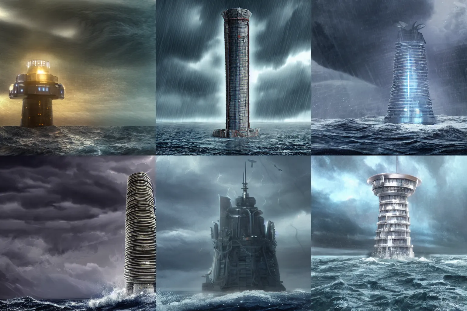 Prompt: Massive tower in the middle of an stormy sea in 24th century, wider at the bottom, realistic photo