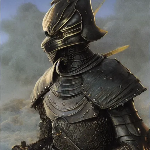 Image similar to berserk black armor, anthropomorphic shiba inu, realistic face realistic visible face, in berserk black armor, stuning 3 d render, masterpiece, glowing aura, by donato giancola and greg rutkowski and wayne barlow and zdzisław beksinski