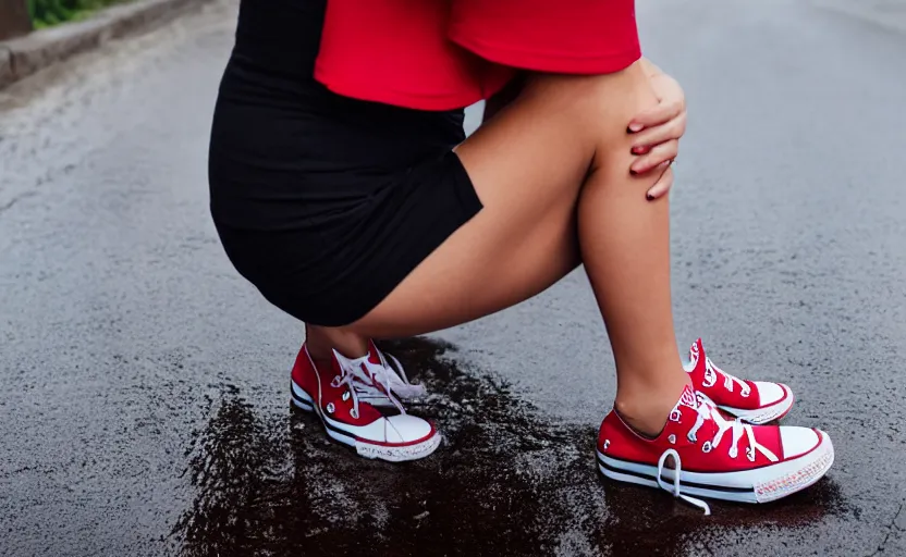 Image similar to side view of the legs of a woman sitting on a curb, very short pants, wearing red converse shoes, wet aslphalt road after rain, blurry background, sigma 8 5 mm