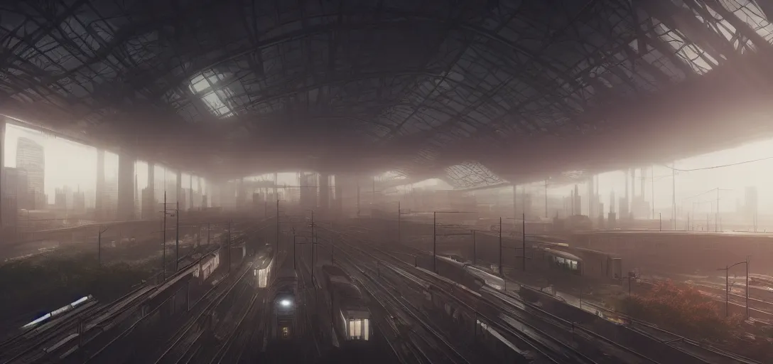 Image similar to dramatic view of cyberpunk train station, colored fog, haze, unreal engine, dramatic lighting, detailed, ambient occlusion, global illumination, god rays, 3 d artstation render by greg rutowski and jessica rossier