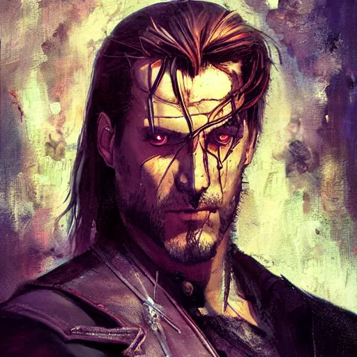 Image similar to Sadpunk Judas Magician Portrait portrait portrait Dungeon Interior Man MetalgearSolid TheWitcher3wildhunt Cover Art Face Head Eyes Snack Pilot Wearing Opalescent Vest Gilles Ketting Kuvshinov Ilya Ismail Inceoglu Arnold Bocklin Jakub Rebelka dug stanat Anime Brushstrokes Oil Painting Impasto