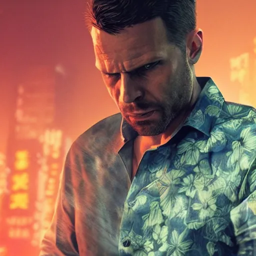 Image similar to Max Payne wearing a floral shirt in Blade Runner 2049, by Feng Zhu, highly detailed, excellent composition, cinematic concept art, dramatic lighting, trending on ArtStation