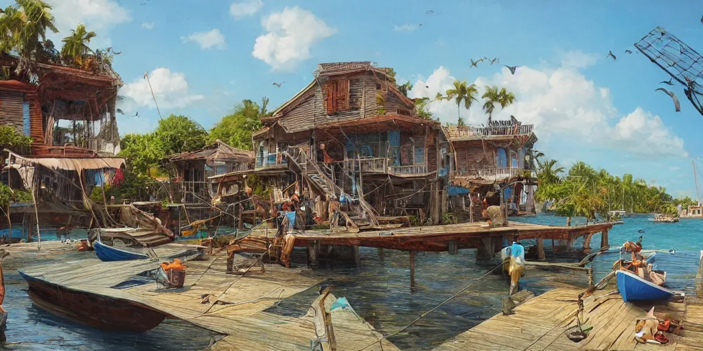 Prompt: a little fisher village in cuba, wood pier and houses, nets and boats, house made with boat parts, scenic view, bright day, hyper realistic, matte painting by marc simonetti and rhads and donato giancola, trending on artstation