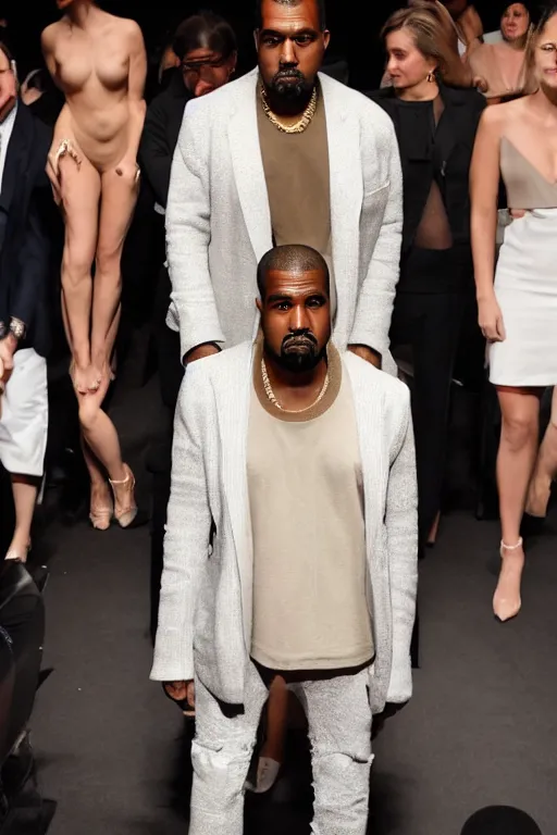 Image similar to kanye west wearing a suit made of skin, runway photo