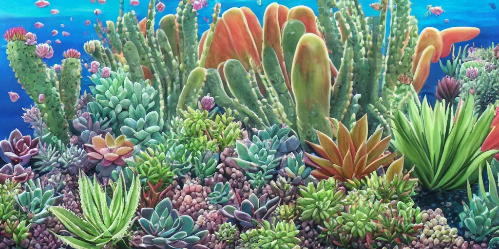 Prompt: a desert with a lot of succulents and exotic flowers, underwater, super detailed acrylic painting, movie poster 7 0's