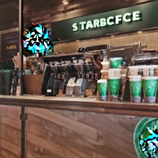 Image similar to a dragon getting coffee at starbucks. realistic high resolution color photo 2 0 2 2