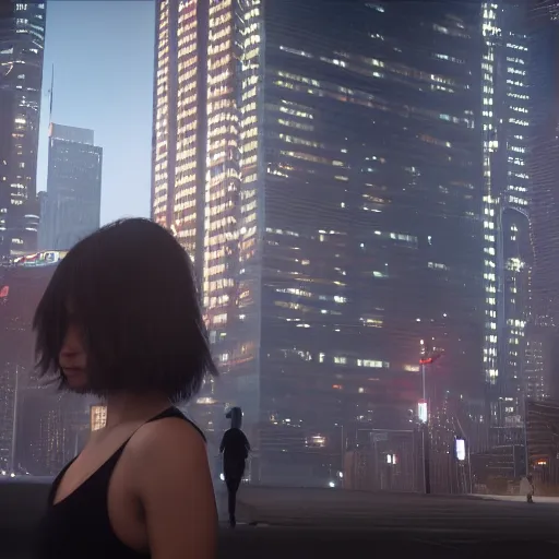 Prompt: « attractive, middle length hair, black hair, girl, photorealistic, unreal engine 5, highly detailed, sharpe focus, front view, blade runner, building skyscraper in the background »