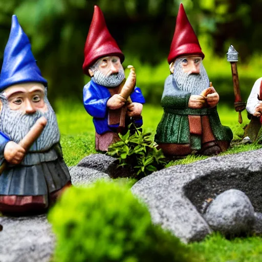 Image similar to garden gnome set of the fellowship of the ring, tilt shift, award winning, highly textured