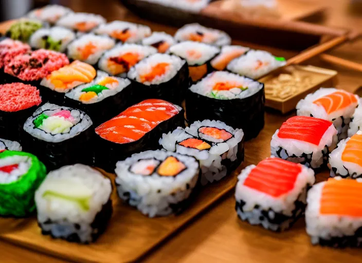 Prompt: dslr food photograph of sushi made of candy, 8 5 mm f 1. 8