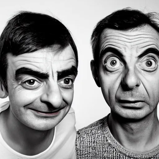 Prompt: A portrait mr bean teams up with a teenage mr bean, perfect faces, 50 mm, award winning photography