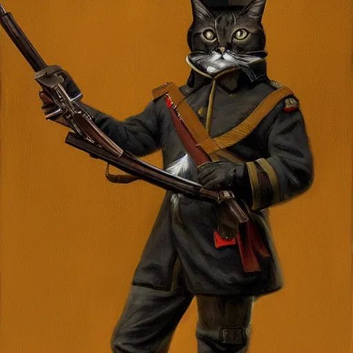 Image similar to a portrait painting of a cat in military uniform holding a musket at its side , artstation, artsy, highly details