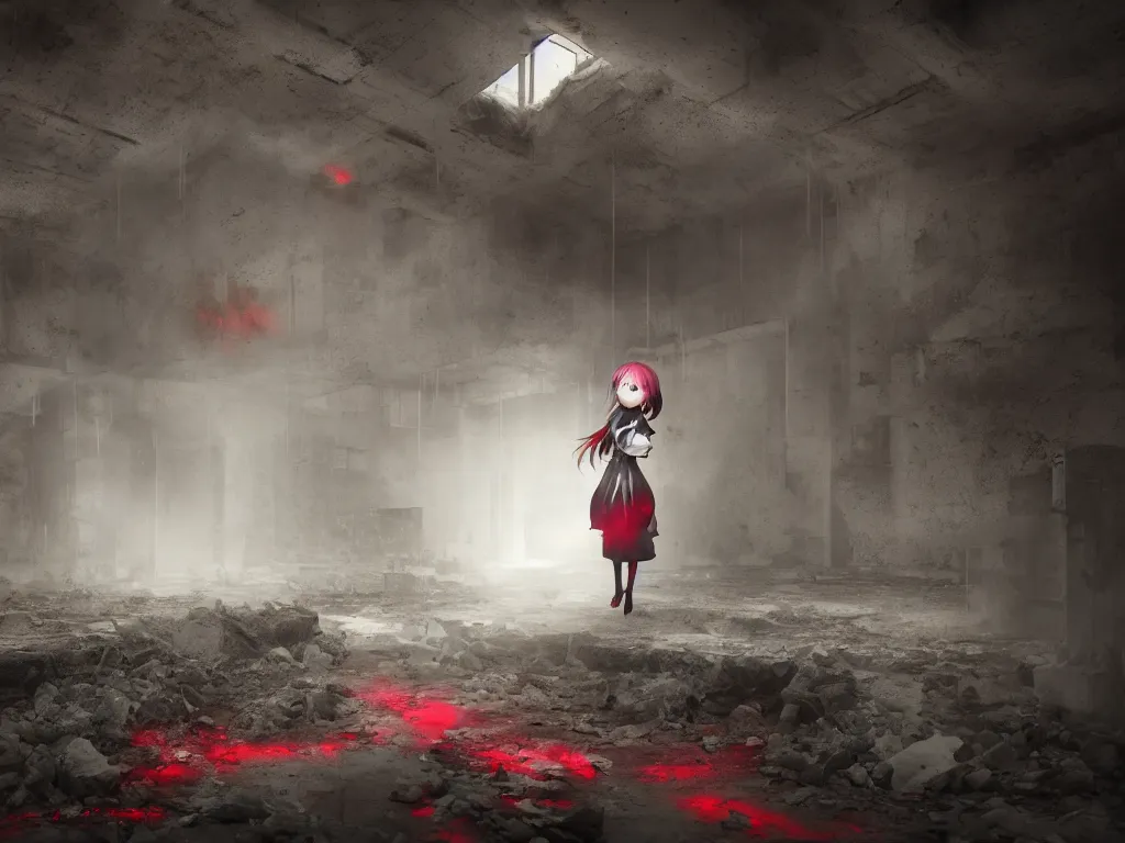 Prompt: cute fumo plush girl ghost in a mysterious concrete wartorn brutalist ruin, chibi gothic wraith maiden of the afterlife, dramatic three point lighting, glowing wisps of hazy smoke and volumetric fog swirling about an ominous red glow, production volume rendering, vray