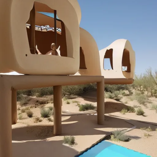 Image similar to big scale babyschema hotel in the dessert, toy house, modernism