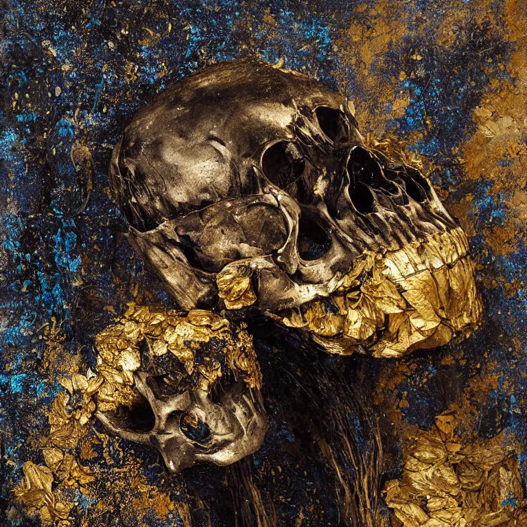 Image similar to A beautiful oil painting hyperrealism of a decayed black skull head, rotting black clay skin, gold flaked flowers, 8k resolution, octane render, Trending on artstation, by Gediminas Pranckevicius, volumetric light 2blue fractal Thunder glow by dan mumford, anaglyph effect, Laurie Lipton