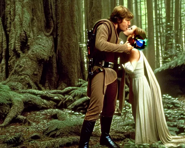 Image similar to luke skywalker, princess leia and han solo hugging and kissing in the forest of endor at the end of return of the jedi