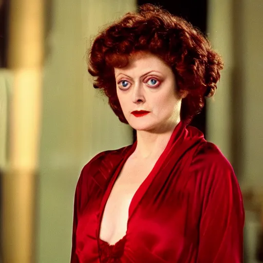 Image similar to High definition photo of young Susan Sarandon as a vampire queen wearing red silk