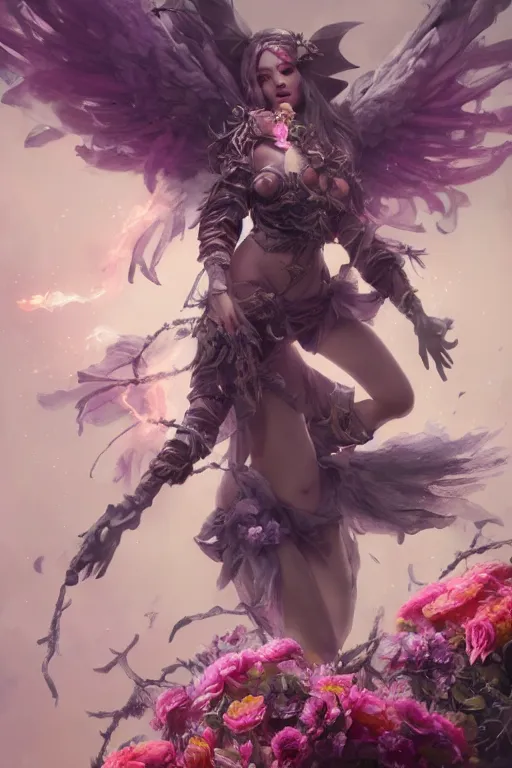 Image similar to beautiful girl necromancer, witch - doctor exploding into flowers, angels, 3 d render, hyper - realistic detailed portrait, holding fire and electricity, ruan jia, wlop. scifi, fantasy, magic the gathering, hyper detailed, octane render, concept art, peter mohrbacher