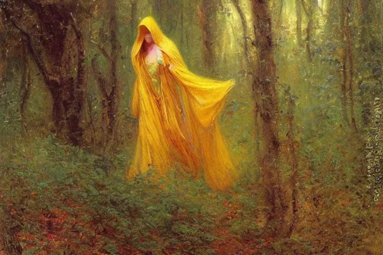 Image similar to illustration of a woman in a yellow hooded sweatshirt walking through a tangled forest in the astral plane. art by gaston bussiere.