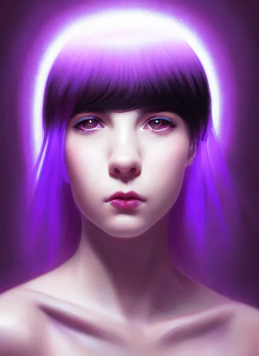 Image similar to portrait of teenage girl with white bangs, red irises, black hair, purple clothes, white bangs, bangs are different color from hair, intricate, front of hair is white rest is black, elegant, glowing lights, highly detailed, digital painting, artstation, concept art, smooth, sharp focus, illustration, art by wlop, mars ravelo and greg rutkowski