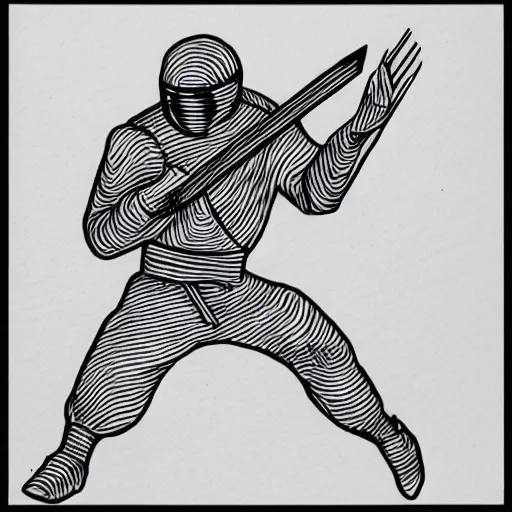 Prompt: 90s retro line drawing of a ninja with synthesizers