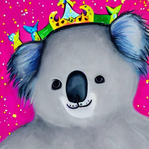 Image similar to detailed painting of smiling fluffy koala wearing a princess dress and crown with confetti background