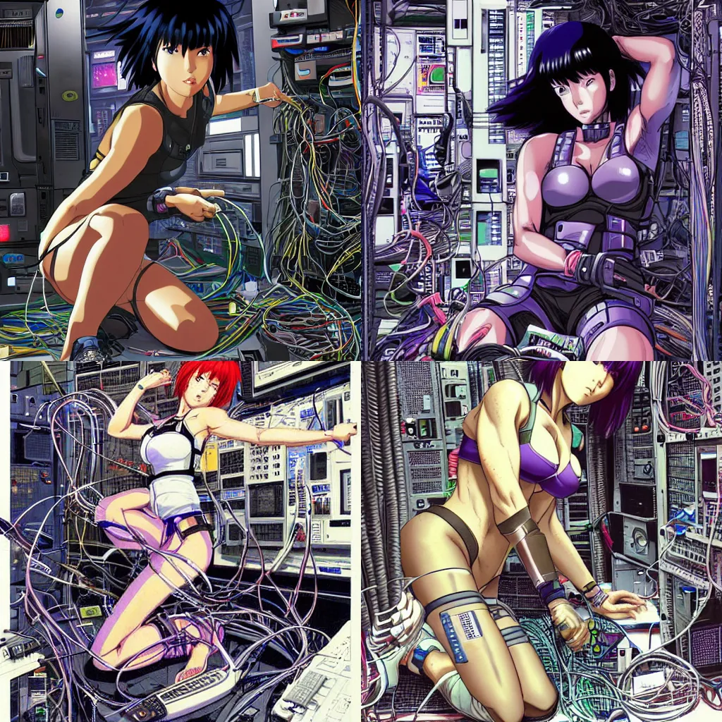 Prompt: motoko kusanagi kneeling on the floor in a tech lab, with a mess of wires and cables coming out of her head and backside, by masamune shirow and katsuhiro otomo, illustration, cyberpunk, hyper-detailed, colorful, complex, intricate, masterpiece, epic