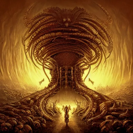 Prompt: iconic melodic death metal album cover artwork, in style of Doom, in style of Midjourney, bee hive theme insanely detailed and intricate, golden ratio, elegant, ornate, unfathomable horror, elite, ominous, haunting, matte painting, cinematic, cgsociety, Andreas Marschall, James jean, Noah Bradley, Darius Zawadzki, vivid and vibrant