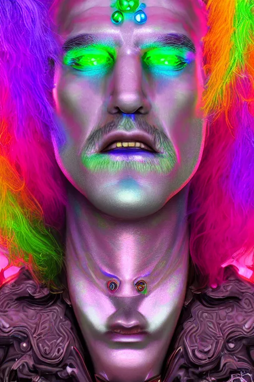 Prompt: portrait of a hyperdimensional jester, neon rainbow quartz, 4k detailed hyperrealistic digital photo by Andy Thomas, Mario Martinez, Daniel Mirante, Gustave Dore, Artstation, CGsociety