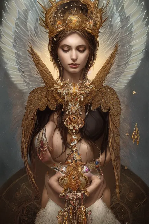 Image similar to A beautiful digital painting of a female Seraphim full of jewels, princess, the moon behind her, intricate, cinematic lighting, highly detailed, digital painting, Artstation, concept art, smooth, sharp focus, illustration, art by Tom Bagshaw, Artgerm and Greg Rutkowski