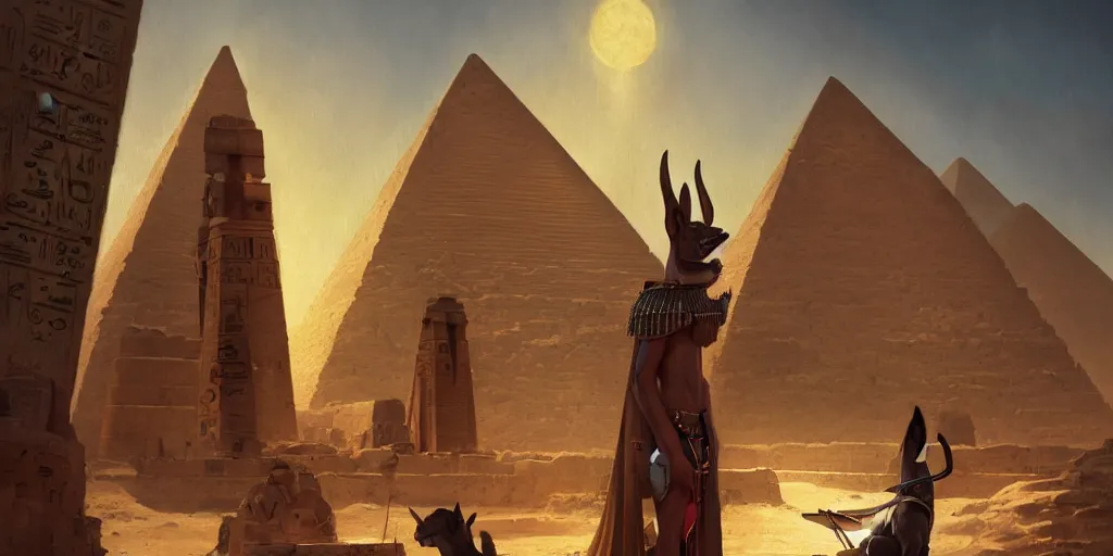 Image similar to anubis in egypt city, sharp focus, wide shot, trending on artstation, masterpiece by greg rutkowski by ross tran by fenghua zho