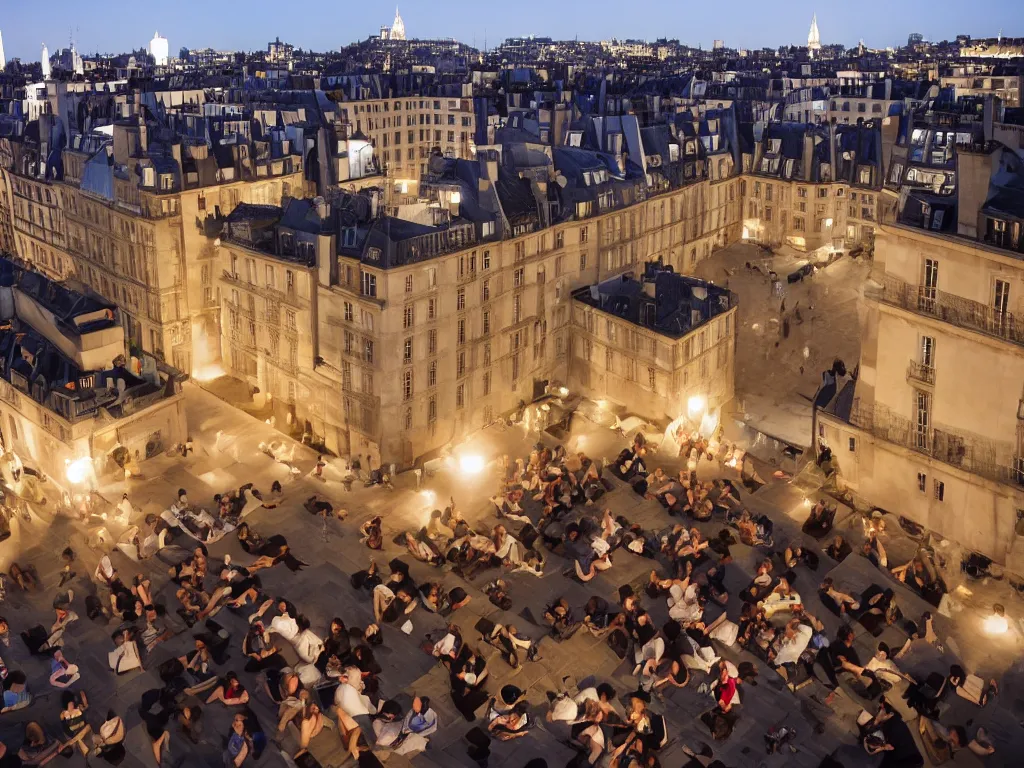 Image similar to people hanging out on the rooftop of the buildings of place des vosges at night