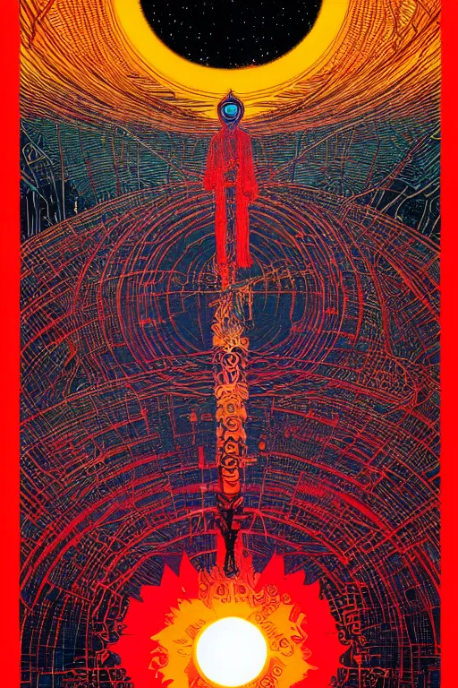 Prompt: a painting of a blazing geometric sun above a techno buddha, detailed, 4 k, by stanley donwood philippe druillet and victo ngai,