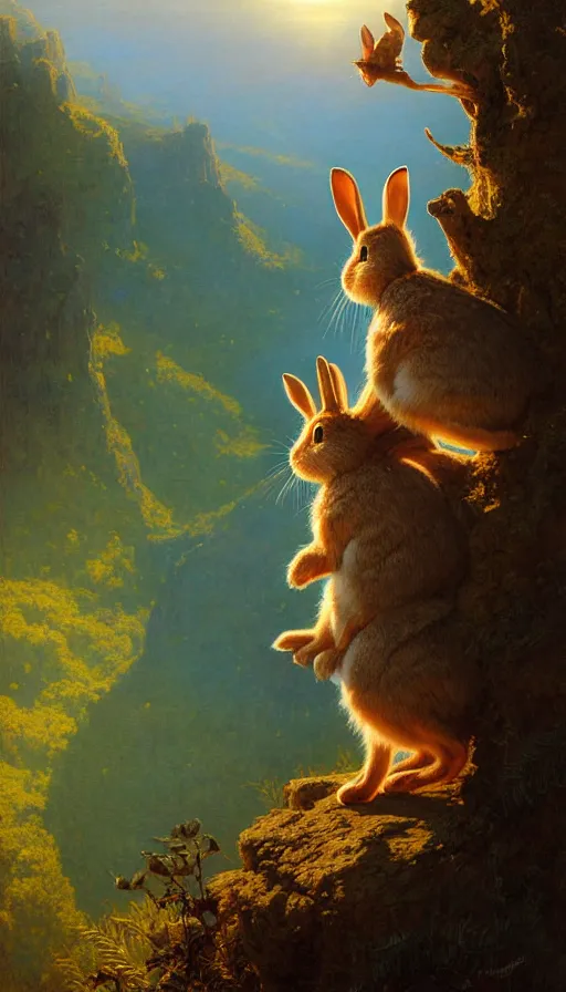 Image similar to rabbit looking off of a cliff, sun setting behind rabbit, lush forest in valley below, painted by tom bagshaw, james gurney, gaston bussiere, craig mullins, j. c. leyendecker 8 k