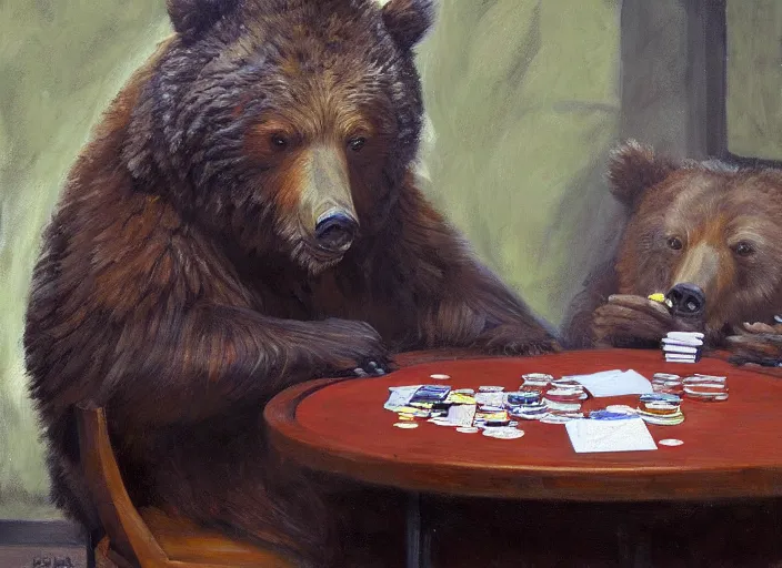 Prompt: a highly detailed beautiful portrait of a grizzly playing poker, by gregory manchess, james gurney, james jean