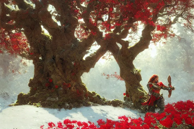 Image similar to winter, a male warrior relaxing under a huge tree with red flowers, sun shining on him, god ray, ground covered with snow, fantasy, painting by gaston bussiere, craig mullins, j. c. leyendecker, trending on artstation