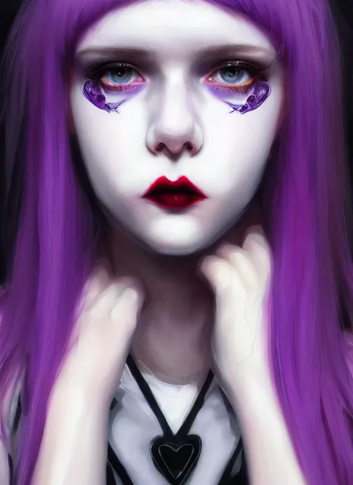 Image similar to portrait of white teenage girl, normal face, white bangs, mall goth, cyberlox, black and white hair, bangs, fluffy bangs, red contact lenses, purple lipstick, intricate, elegant, highly detailed, digital painting, artstation, concept art, sharp focus, smooth, illustration, art by wlop, mars ravelo and greg rutkowski