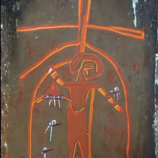 Prompt: red cave painting of cross and ufos ultra hd