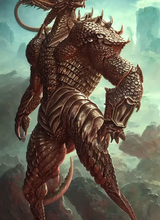 Image similar to muscular and tall humanoid dragon!!!! draconian!! intricate ornate iridescent heavy armor!! character concept art, sharp focus, octane render! unreal engine 5! highly rendered!! trending on artstation!! detailed linework!! illustration by artgerm, wlop, and chie yoshii