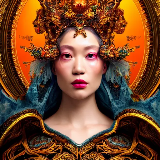 Image similar to a beautiful empress portrait, with a brilliant, impossible striking big cosmic galaxy headpiece, clothes entirely made out of cosmos chaos energy, symmetrical, dramatic studio lighting, rococo, baroque, jewels, asian, hyperrealism, closeup, D&D, fantasy, intricate, elegant, highly detailed, digital painting, artstation, octane render, 8k, concept art, matte, sharp focus, illustration, art by Artgerm and Greg Rutkowski and Alphonse Mucha