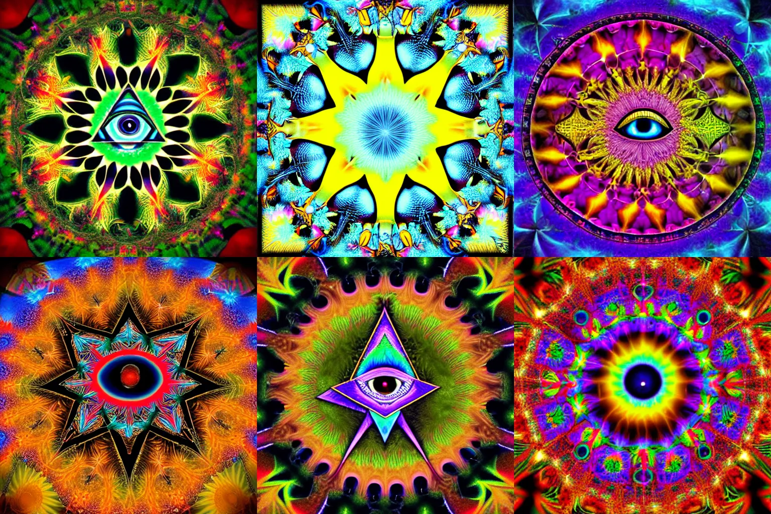 Prompt: illuminati, all seeing eye, gnomes, psychedelic, mushrooms :: fractal sun